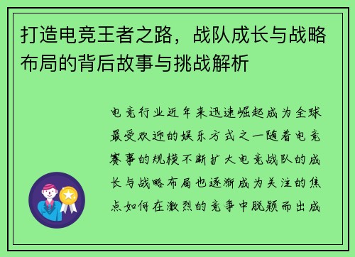 打造电竞王者之路，战队成长与战略布局的背后故事与挑战解析