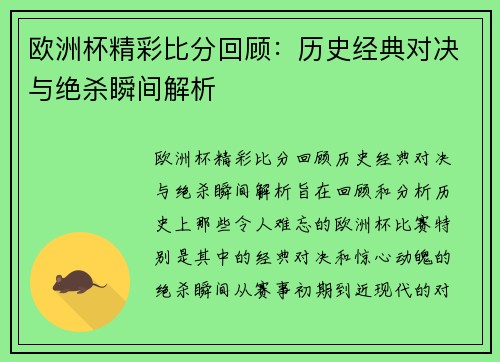 欧洲杯精彩比分回顾：历史经典对决与绝杀瞬间解析