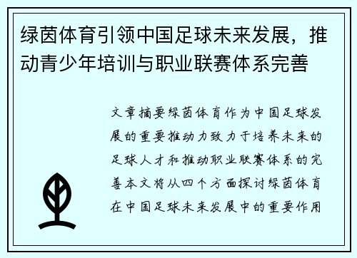 绿茵体育引领中国足球未来发展,推动青少年培训与职业联赛体系完善 绿茵体育引领中国足球未来发展,推动青少年培训与职业联赛体系完善