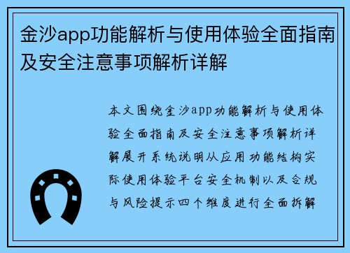 金沙app功能解析与使用体验全面指南及安全注意事项解析详解